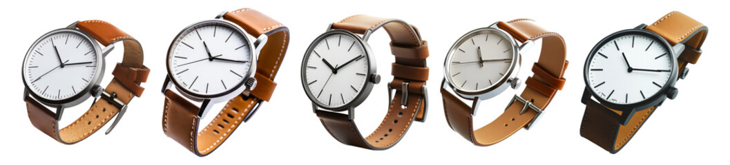Stylish Leather Strap Watches for Fashion Lovers and Collectors, Isolated on Transparent, white background