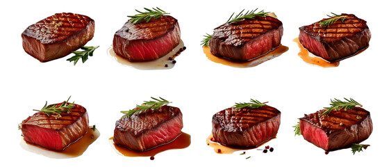 Grilled Steak Selection with Rosemary Garnish and Juicy Cuts, Isolated on Transparent, white background
