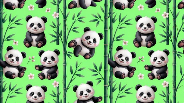 Seamless pattern with adorable pandas playing and eating bamboo, perfect for children's products.