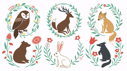 Cute woodland forest wildlife animals vector illustration set with floral wreaths simple hand drawn nature drawing collection