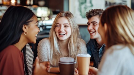 Four friends laughing in a cafe