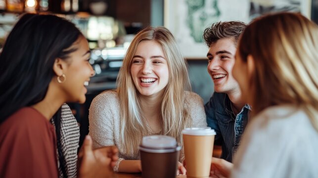 Four friends laughing in a cafe - Powered by Adobe