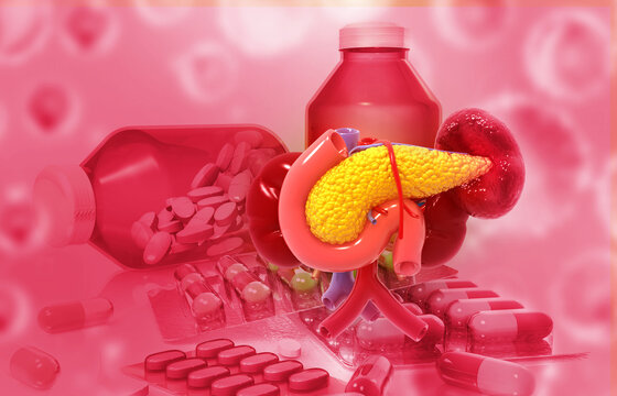 Human pancreas anatomy on medicine background. 3d illustration