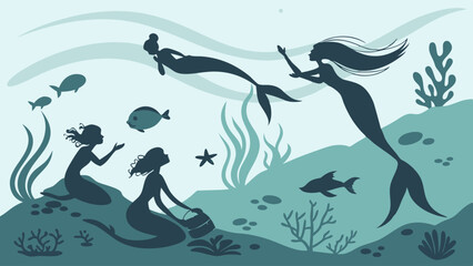 Cartoon mermaids underwater silhouette illustration fantasy mythical creatures ocean sea background for children kids stories