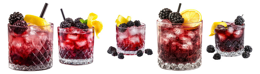 Colorful Berry Cocktails with Ice and Citrus Garnish in Glasses, Isolated on Transparent, white background