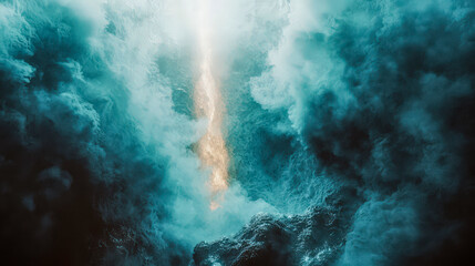 Turbulent ocean waves crashing against rocks with spray and mist in a dramatic seascape