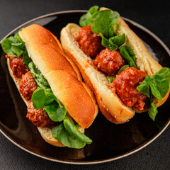 Meatball sandwich fast food meat dish fresh delicious gourmet food background on the table rustic food top view copy space