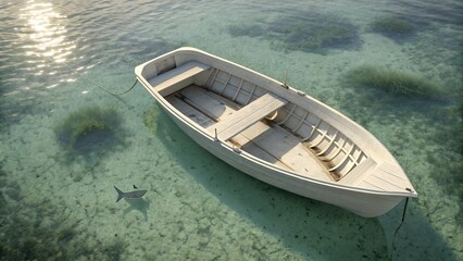 Obraz premium White Rowboat Over Clear Water With Shark Below