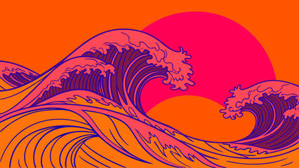 Vibrant Pink Ocean Waves Under Surreal Sunset