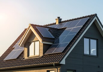 Close-up of new suburban house with a photovoltaic system on the roof. Modern eco friendly passive house with solar panels on the gable roof, with sunlight in the morning vibes