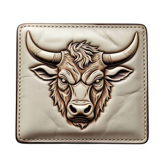 Close up of a leather wallet with a bull design embossed on the front against a black background