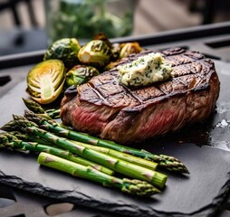 A grilled steak topped with herb butter served with asparagus and brussel sprouts on a black plate
