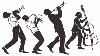 Jazz band silhouette playing live music performance with trumpet saxophone and double bass