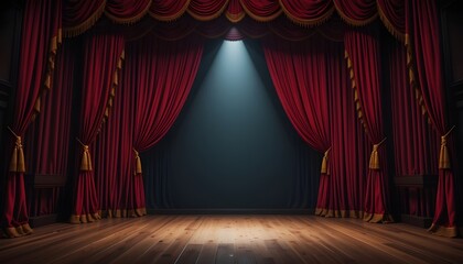 Empty theater stage with rich red velvet curtains, golden tassels, spotlight on wooden floor, 