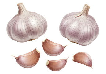 Isolated Garlic Bulbs and Cloves Displaying Natural Textures and Subtle Color Variations