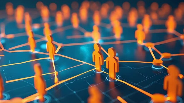 Orange Human Network Icons Connected by Glowing Digital Lines on a Futuristic Blue Grid Background Showing Social Connectivity

