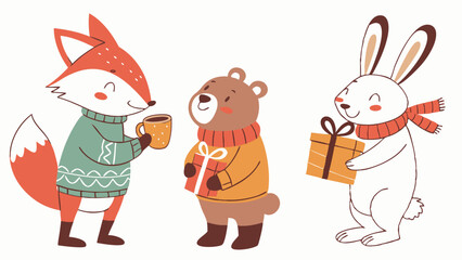 Cute fox bear rabbit in winter sweaters holding gifts and hot mug cartoon animal friends illustration