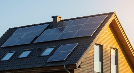 Fototapeta premium Close-up of new suburban house with a photovoltaic system on the roof. Modern eco friendly passive house with solar panels on the gable roof, with sunlight in the morning vibes
