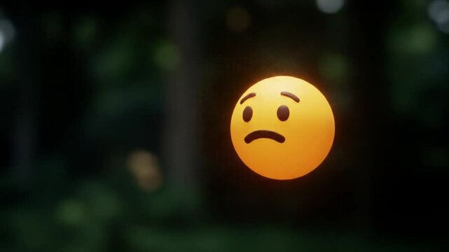 Feeling Down Emoji: A 3D-rendered sad emoji floats in a blurry forest, representing a moment of melancholy.