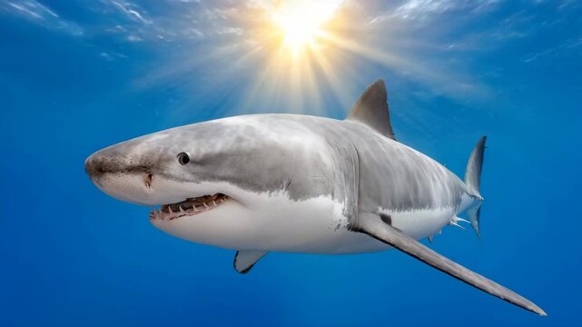 Magnificent Predator: A Great White Shark gracefully navigates the deep blue sea, its powerful form illuminated by the radiant sunlight filtering from above.