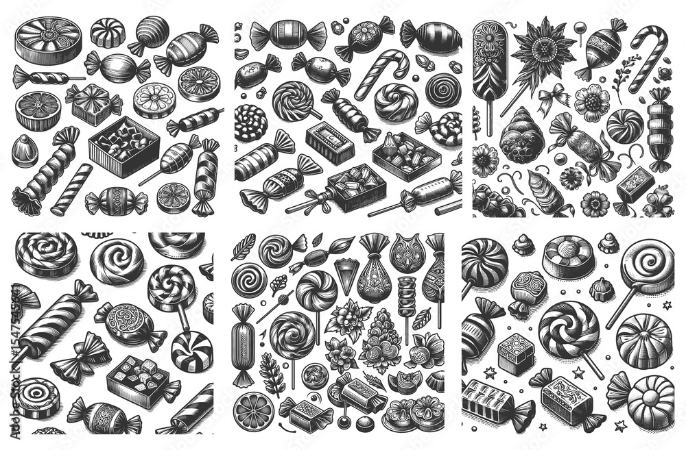 Poster candy and chocolate set collection bundle sketch engraving generative ai raster illustration. scratc