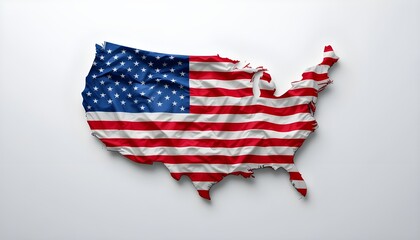 American flag waving inside the shape of USA map on white background,