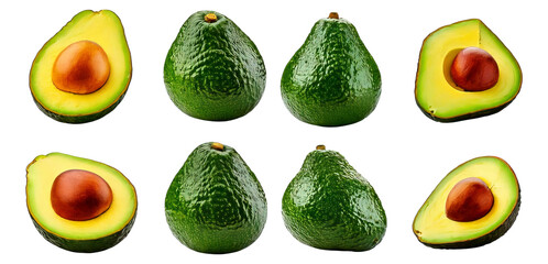 Fresh Avocado Display with Halves and Whole Fruits on White Background, Isolated on Transparent, white background