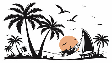 Tropical beach sunset silhouette with palm trees, person relaxing in hammock, sailboat, ocean, and birds. Summer vacation travel.