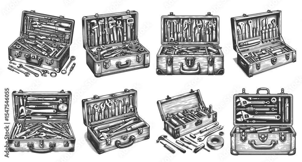 Poster open toolboxes filled with various hand tools, perfect for diy, repair, or workshop themes set colle