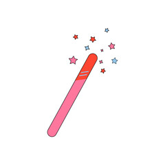 Magic wand illustration; pink on a white background star and freezing sparkles; star shape wand; stick; isolated. Magic.Fairy. Childhood. modern,sleep. For children; paper; poster; small; baby.