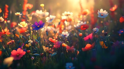 田野间鲜艳花朵在阳光中绽放高分辨率图片