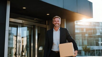Business Arrival: A distinguished business professional strides purposefully out of an elegant office building, a cardboard box held confidently, and a radiant smile lights his face. - Powered by Adobe