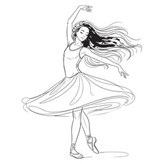 Ballerina Dancing Graceful Pose Long Hair Black Line Art © MD. SHABUZ RAYHAN