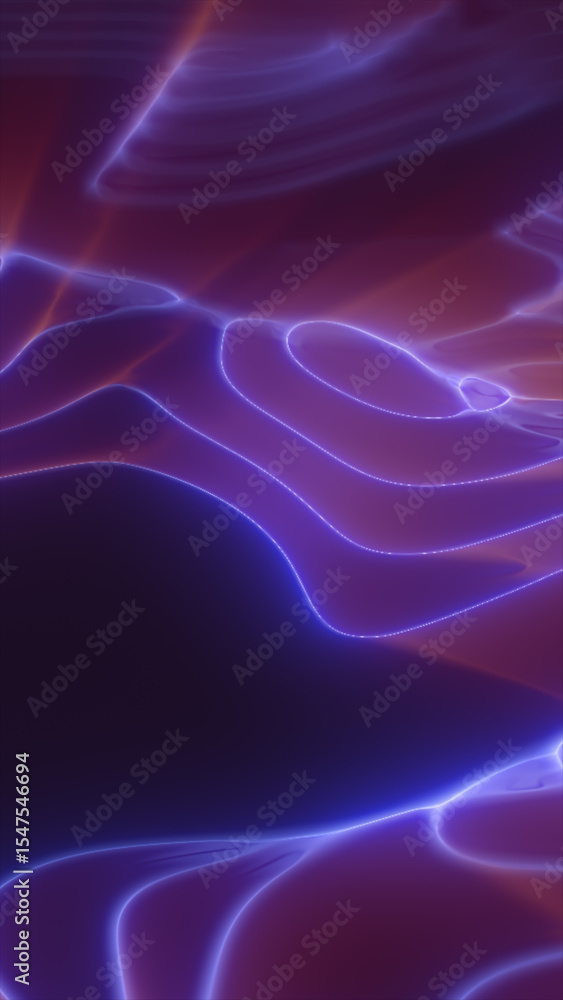 Poster abstract smooth neon-like terrain with glowing purple and violet contours forming fluid wave pattern