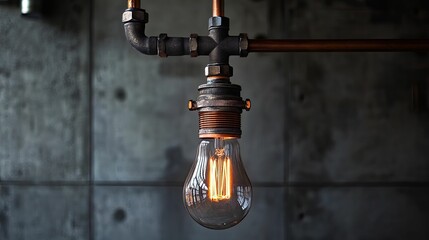 Edison bulb hangs from industrial pipe fixture