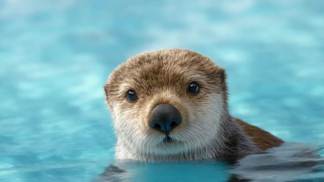 Curious Otter in Crystal Waters: A captivating close-up of an otter, its inquisitive gaze fixed directly on the viewer, emerging from cool, crystalline waters.