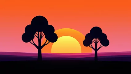 Gordijnen Silhouette trees sunset landscape minimalist art © Sif