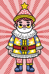 Cartoon child model dressed as Santa Claus in colorful outfit  