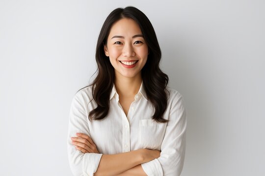 Waist up beautiful smiling asian woman holding crossed hands on breast looking at camera in white dress
