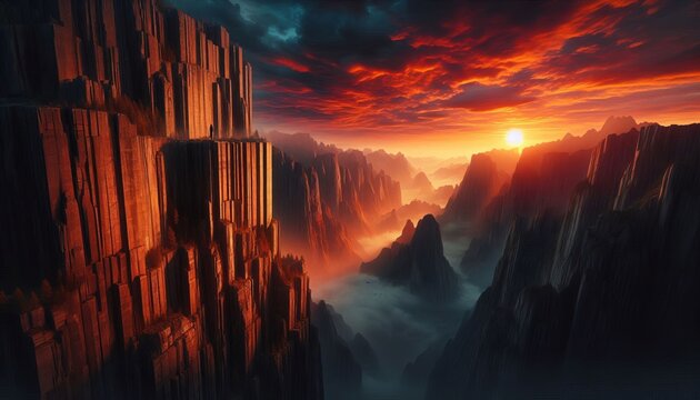 A cliff with a bright orange sunrise sky is majestic.
