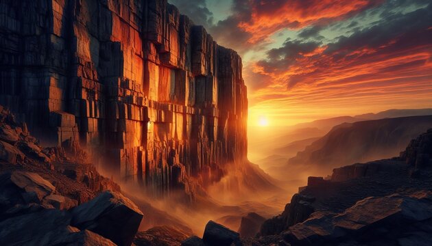 A cliff with a bright orange sunrise sky is majestic.