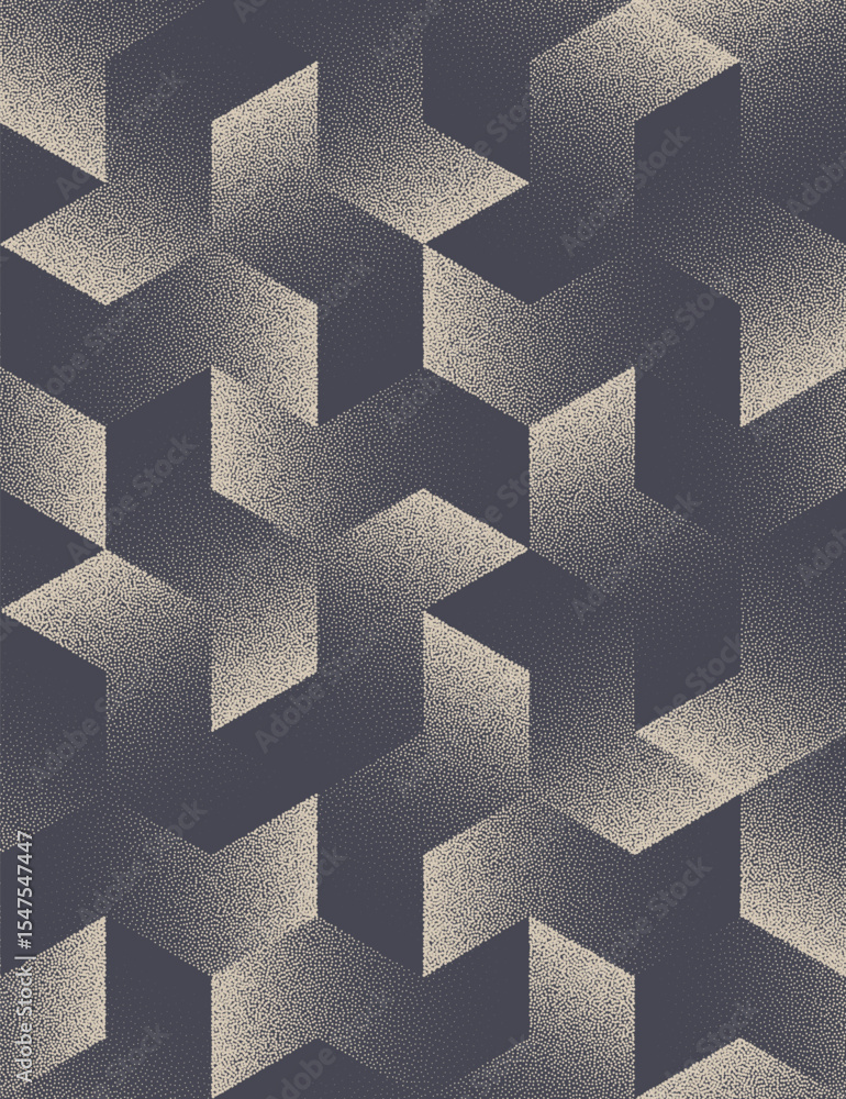 Poster seamless pattern with cubic chevron shapes abstract dot work vector background. mod halftone art ill