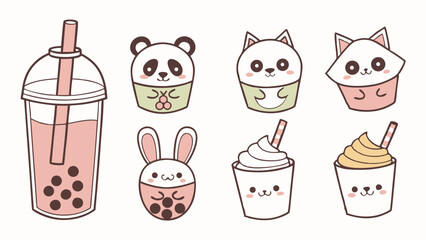 Cute Kawaii Animal Cupcakes Bubble Tea and Drinks Set Dessert Food Cartoon Vector Illustration Collection