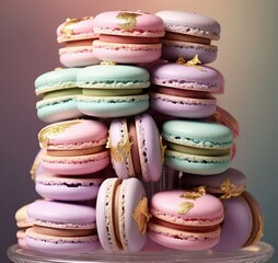 A stack of colorful macarons with gold leaf accents on a clear glass stand close up shot dessert