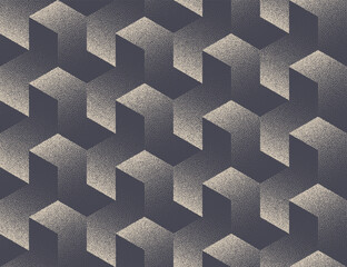 Endless wallpaper with cube-like grid blocks and stipple shading creating depth and visual illusion of movement. Seamless pattern abstract dot work vector background. Halftone graphic art illustration