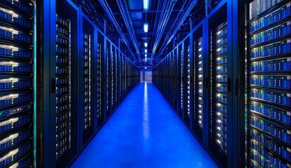 A row of dark blue and black server cabinets in the center, illuminated by bright lights, is captured 