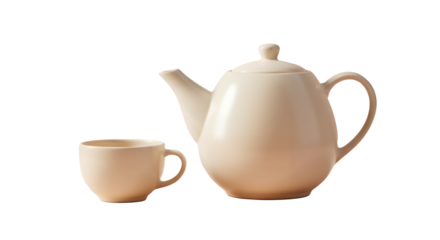 A classic ceramic teapot and cup on a pale pink background