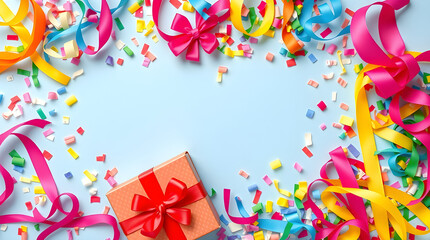 Obraz premium Colorful ribbons and gift box framing a light blue background for celebration