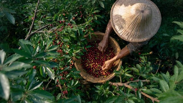 Harvest Bounty: Amidst lush foliage, a traditional farmer carefully gathers the ripe cherries, showcasing the beauty of cultivation.