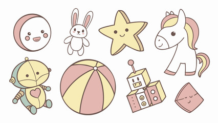 Set of cute pastel toys vector illustration bunny unicorn robot star ball for kids and baby